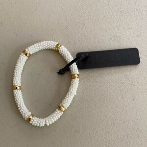 White Seed Bead Multi-Strand Stretch Bracelet Gold Tone Accents NWT